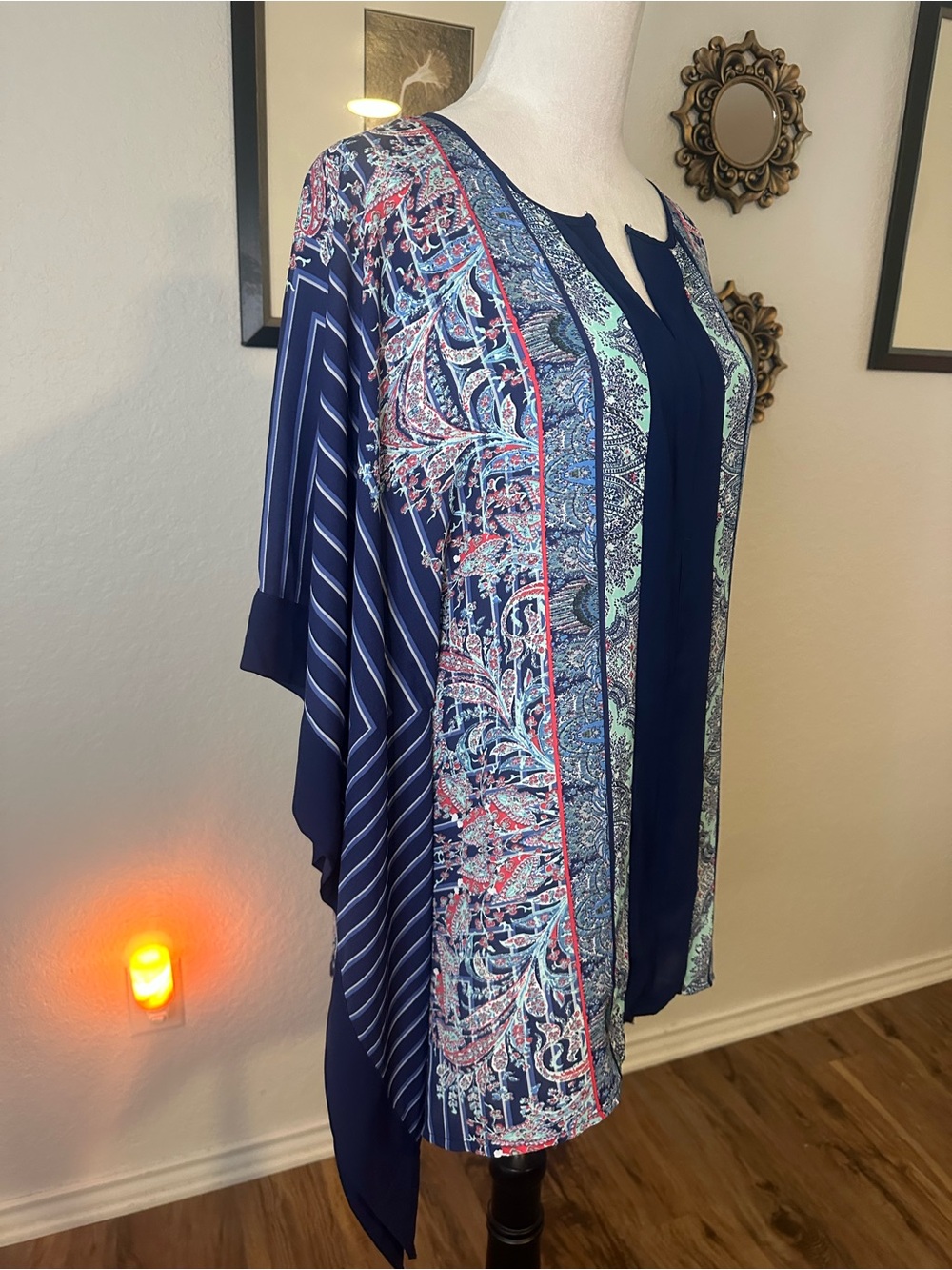 Romeo & Juliet Couture Navy Blue Kaftan Paisley Top